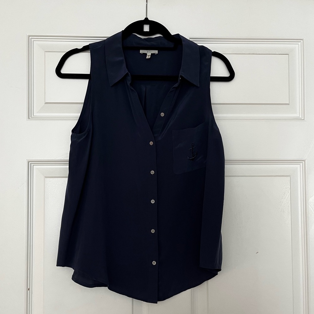 Joie Navy Silk Embroidered Anchor Pocket Tank Top